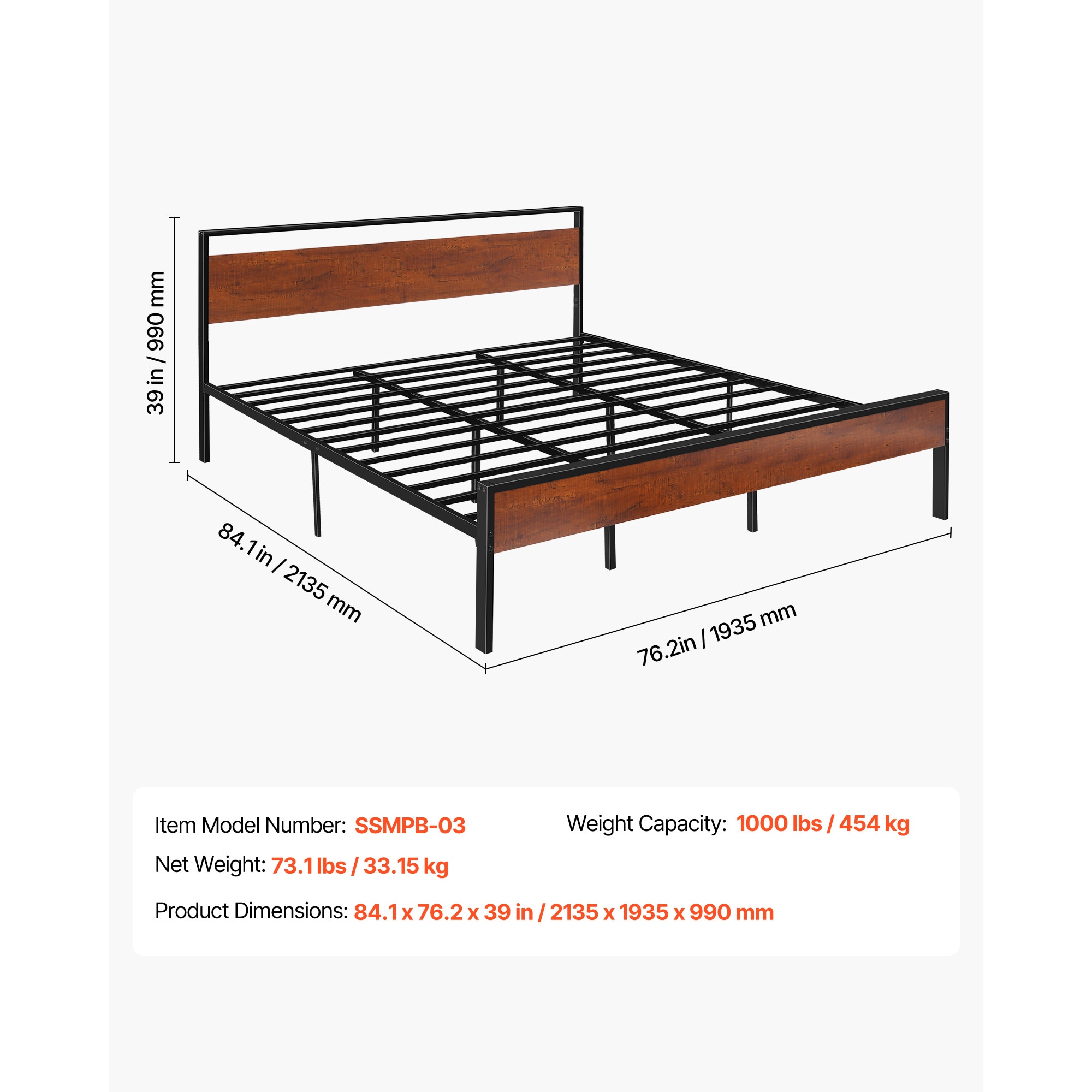 King Size Metal Platform Bed Frame With Headboard & Under-Bed Storage 14 Inch_voghion.com